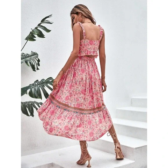 2 piece set: Floral Print Tie Front Cami crop Top & Ruffle Hem midi Skirt blue - Picture 5 of 7